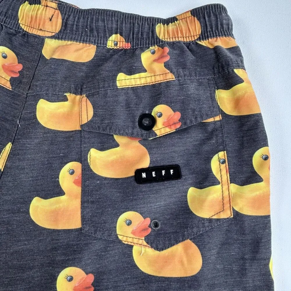 Neff Rubber Duck Print Quick Dry Trunks Swim Shorts Summer Fun Mens Small Gray